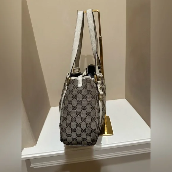 Authentic Gucci Abbey GG Brown Canvas White Leather Handbag - Picture 3 of 15